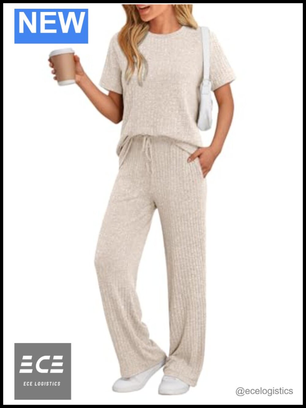 Womens 2 Piece Lounge Set Ribbed Short Sleeve Tee & Pants Travel Outfit